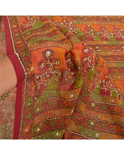 Sanskriti Vintage Red Sarees Georgette Printed Hand Embroidered Sari Fabric, PRG-7950-Red-Printed Floral Design-Georgette-4
