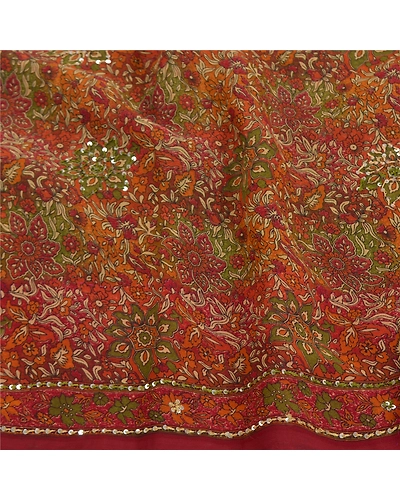 Sanskriti Vintage Red Sarees Georgette Printed Hand Embroidered Sari Fabric, PRG-7950-Red-Printed Floral Design-Georgette-6