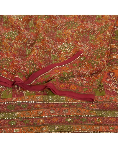 Sanskriti Vintage Red Sarees Georgette Printed Hand Embroidered Sari Fabric, PRG-7950-Red-Printed Floral Design-Georgette-7