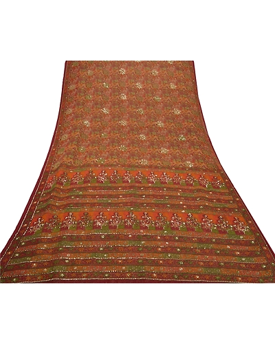 Sanskriti Vintage Red Sarees Georgette Printed Hand Embroidered Sari Fabric, PRG-7950-Red-Printed Floral Design-Georgette-8