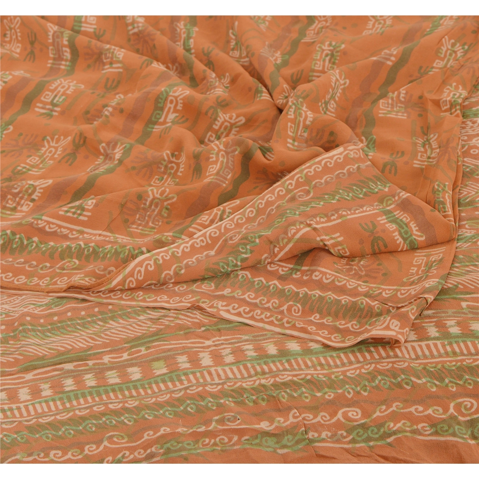 Sanskriti Vintage Orange Sarees Pure Georgette Silk Printed Sari Craft Fabric, PRG-796-Orange-Printed Work With Floral &amp; Paisley Design-Pure Georgette Silk-1