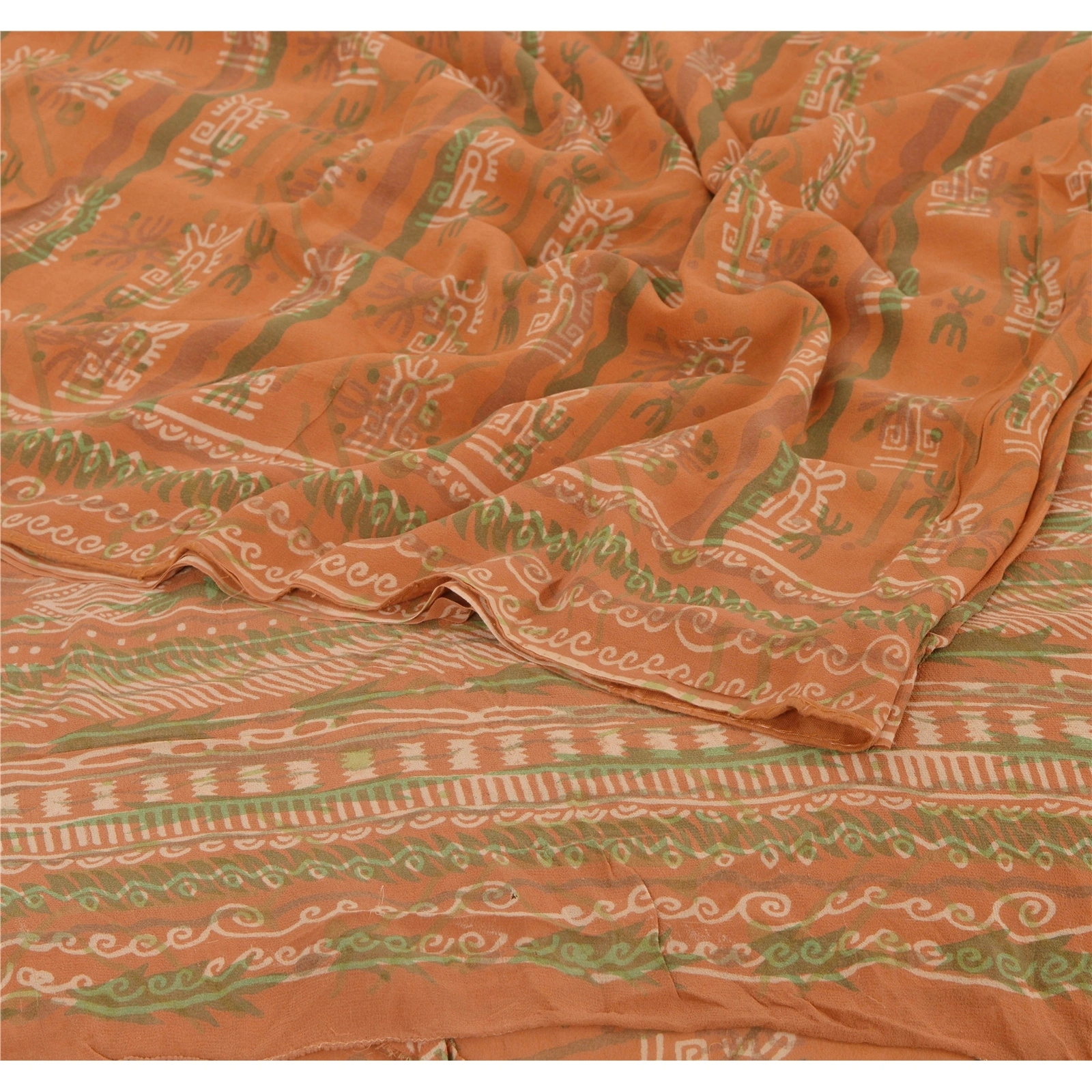 Sanskriti Vintage Orange Sarees Pure Georgette Silk Printed Sari Craft Fabric, PRG-796-Orange-Printed Work With Floral &amp; Paisley Design-Pure Georgette Silk-2