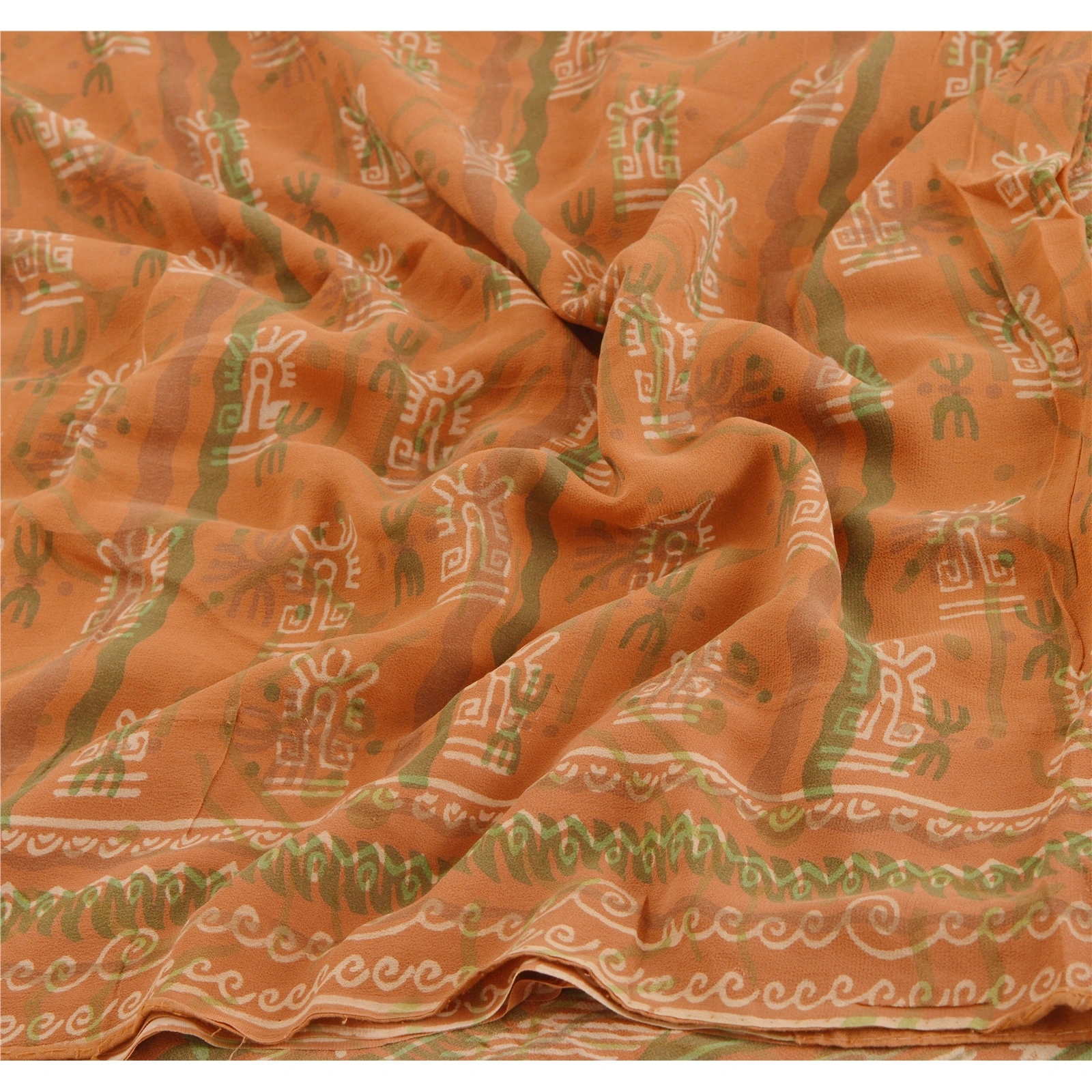 Sanskriti Vintage Orange Sarees Pure Georgette Silk Printed Sari Craft Fabric, PRG-796-Orange-Printed Work With Floral &amp; Paisley Design-Pure Georgette Silk-4