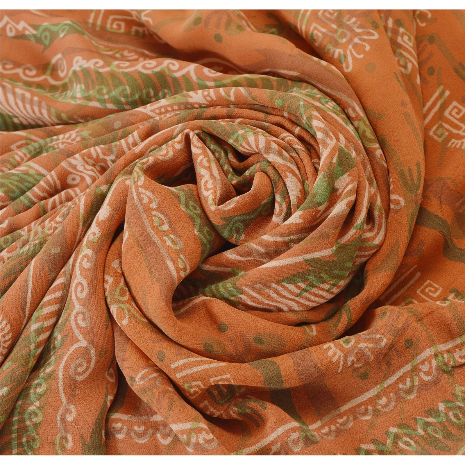 Sanskriti Vintage Orange Sarees Pure Georgette Silk Printed Sari Craft Fabric, PRG-796-Orange-Printed Work With Floral &amp; Paisley Design-Pure Georgette Silk-5