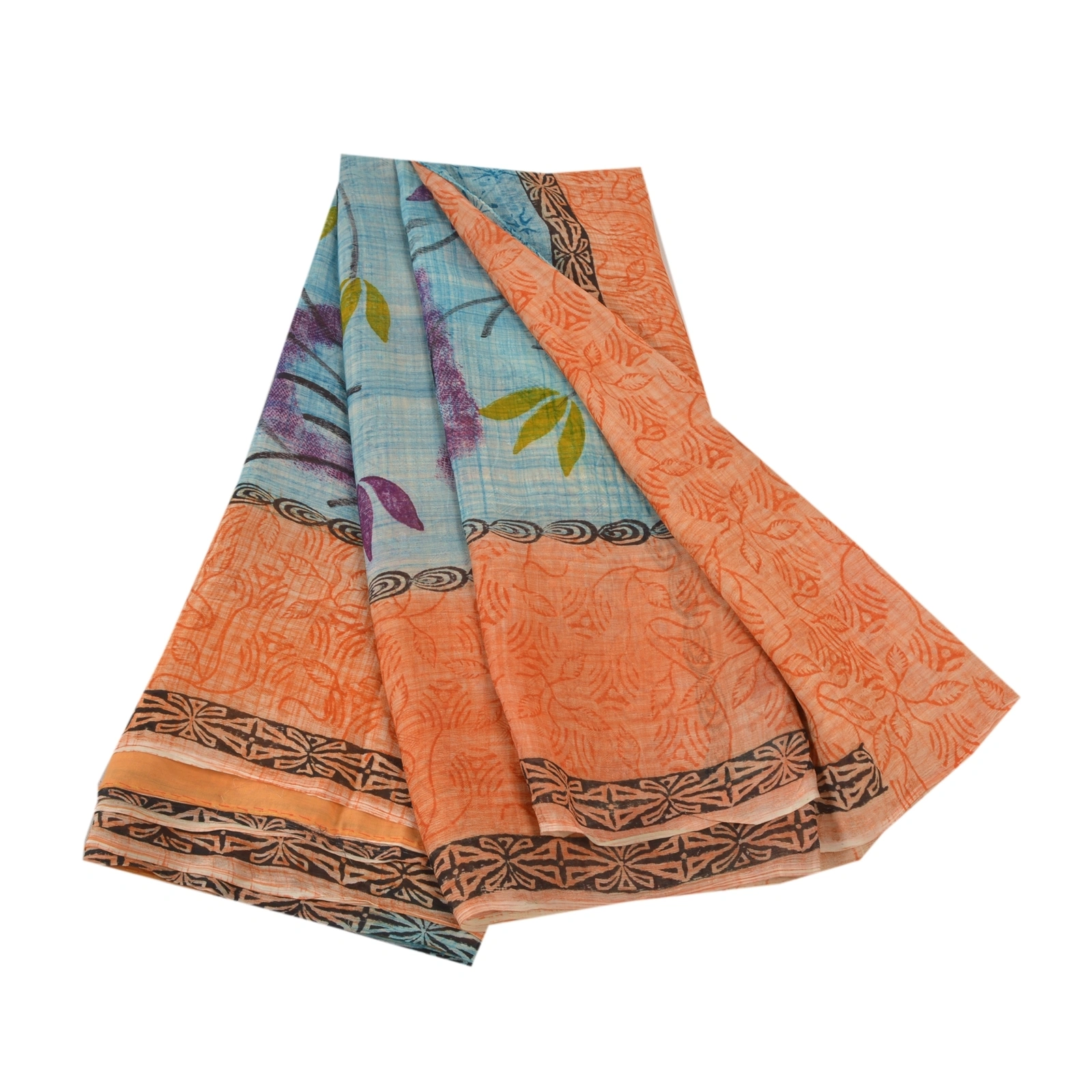 Sanskriti Vintage Peach Sarees Blend Georgette Printed Sari 5 Yard Craft Fabric, PRG-7980-Peach-Printed Floral Design-Blend Georgette-2