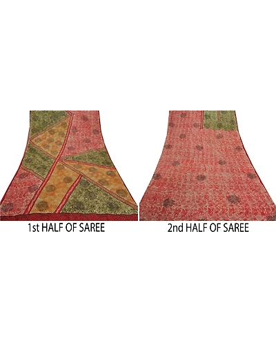 Sanskriti Vintage Red Sarees Pure Georgette Silk Printed Sari Soft Craft Fabric, PRG-7984-Red-Printed Floral Design-Pure Georgette Silk-5
