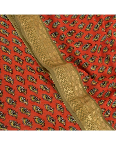 Sanskriti Vintage Brick Red Sarees Pure Georgette Silk Printed Sari Craft Fabric, PRG-8006-Brick Red-Printed Floral Design-Pure Georgette Silk-1