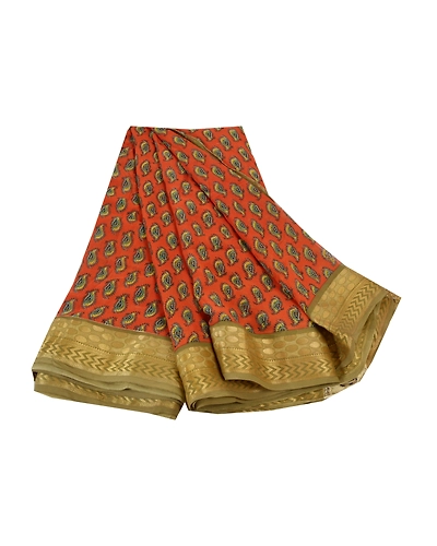Sanskriti Vintage Brick Red Sarees Pure Georgette Silk Printed Sari Craft Fabric, PRG-8006-Brick Red-Printed Floral Design-Pure Georgette Silk-2
