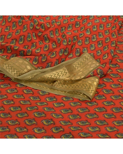 Sanskriti Vintage Brick Red Sarees Pure Georgette Silk Printed Sari Craft Fabric, PRG-8006-Brick Red-Printed Floral Design-Pure Georgette Silk-7