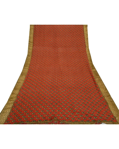 Sanskriti Vintage Brick Red Sarees Pure Georgette Silk Printed Sari Craft Fabric, PRG-8006-Brick Red-Printed Floral Design-Pure Georgette Silk-8
