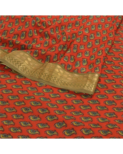 Sanskriti Vintage Brick Red Sarees Pure Georgette Silk Printed Sari Craft Fabric, PRG-8006-Brick Red-Printed Floral Design-Pure Georgette Silk-9