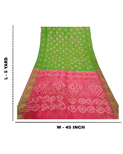 Sanskriti Vintage Green Saree Blend Georgette Bandhani Printed Sari Craft Fabric, PRG-8024-Green-Printed Floral Design-Blend Georgette-3