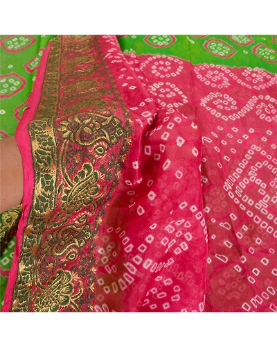 Sanskriti Vintage Green Saree Blend Georgette Bandhani Printed Sari Craft Fabric, PRG-8024-Green-Printed Floral Design-Blend Georgette-4