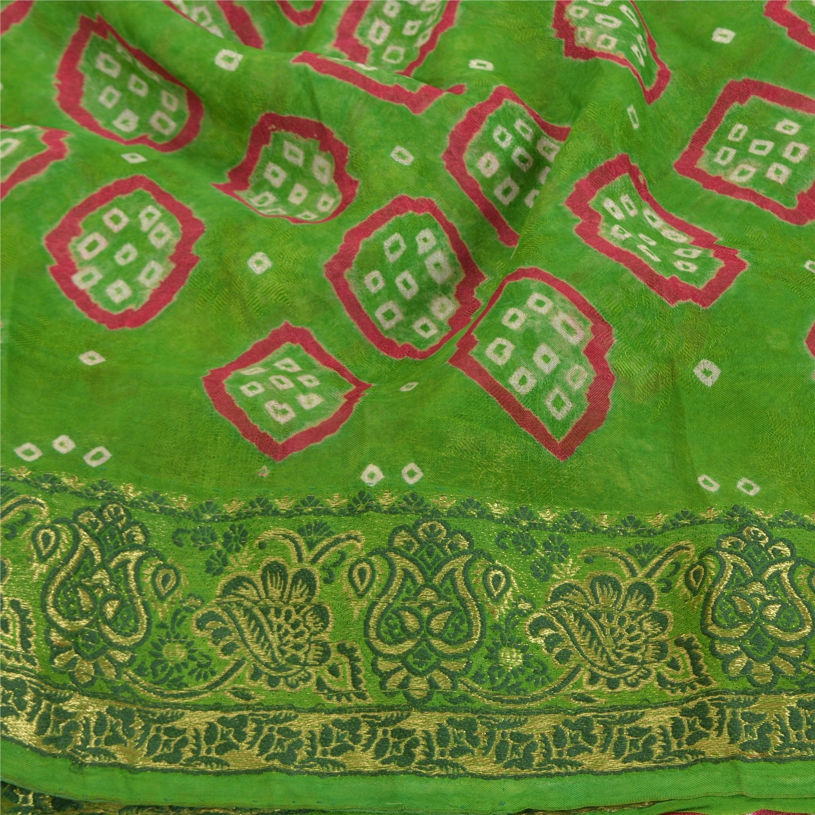 Sanskriti Vintage Green Saree Blend Georgette Bandhani Printed Sari Craft Fabric, PRG-8024-Green-Printed Floral Design-Blend Georgette-6