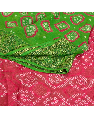 Sanskriti Vintage Green Saree Blend Georgette Bandhani Printed Sari Craft Fabric, PRG-8024-Green-Printed Floral Design-Blend Georgette-7