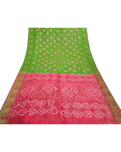 Sanskriti Vintage Green Saree Blend Georgette Bandhani Printed Sari Craft Fabric, PRG-8024-Green-Printed Floral Design-Blend Georgette-8