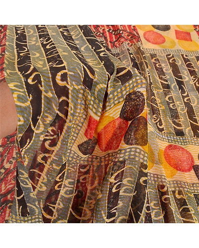 Sanskriti Vintage Red Sarees Pure Georgette Silk Printed Sari 5Yd Craft Fabric, PRG-8025-Red-Printed Floral Design-Pure Georgette Silk-4