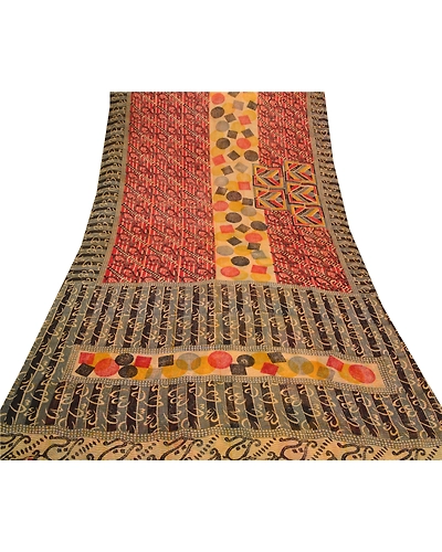Sanskriti Vintage Red Sarees Pure Georgette Silk Printed Sari 5Yd Craft Fabric, PRG-8025-Red-Printed Floral Design-Pure Georgette Silk-8