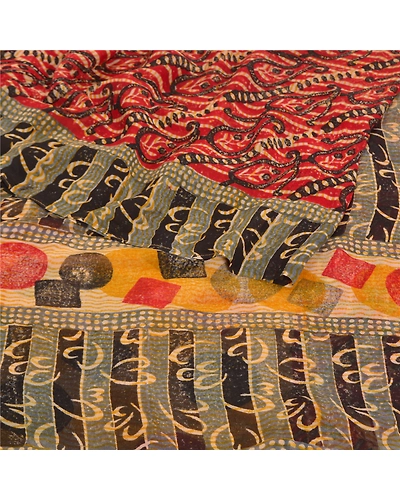 Sanskriti Vintage Red Sarees Pure Georgette Silk Printed Sari 5Yd Craft Fabric, PRG-8025-Red-Printed Floral Design-Pure Georgette Silk-9