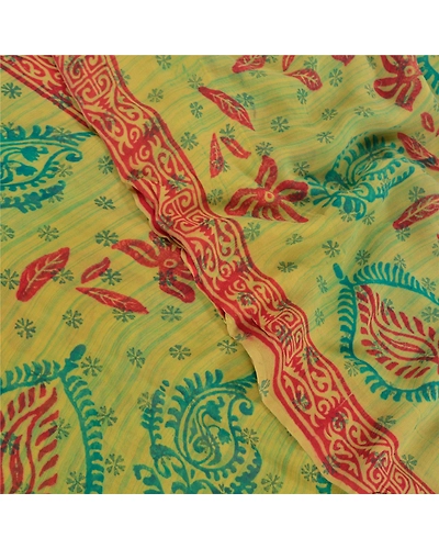 Sanskriti Vintage Green Sarees Pure Georgette Silk Printed Sari 5Yd Craft Fabric, PRG-8031-Green-Printed Floral Design-Pure Georgette Silk-1