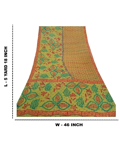 Sanskriti Vintage Green Sarees Pure Georgette Silk Printed Sari 5Yd Craft Fabric, PRG-8031-Green-Printed Floral Design-Pure Georgette Silk-3