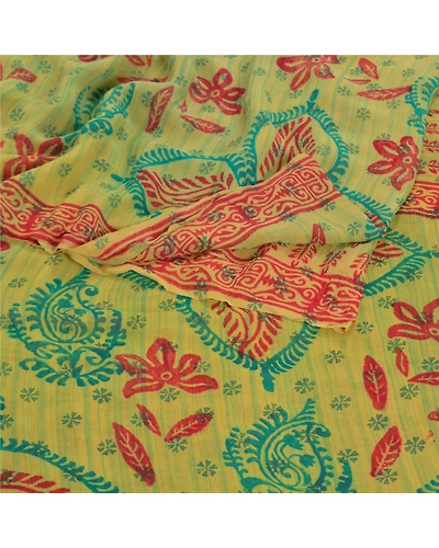 Sanskriti Vintage Green Sarees Pure Georgette Silk Printed Sari 5Yd Craft Fabric, PRG-8031-Green-Printed Floral Design-Pure Georgette Silk-7