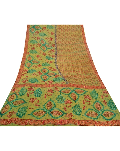 Sanskriti Vintage Green Sarees Pure Georgette Silk Printed Sari 5Yd Craft Fabric, PRG-8031-Green-Printed Floral Design-Pure Georgette Silk-8