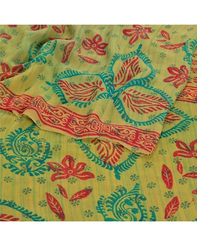 Sanskriti Vintage Green Sarees Pure Georgette Silk Printed Sari 5Yd Craft Fabric, PRG-8031-Green-Printed Floral Design-Pure Georgette Silk-9