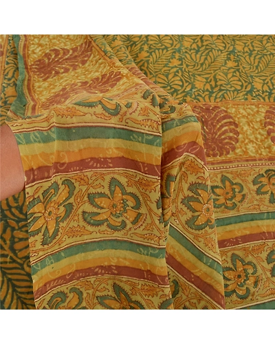 Sanskriti Vintage Green Sarees Pure Georgette Silk Printed Sari 5Yd Craft Fabric, PRG-8043-Green-Printed Floral Design-Pure Georgette Silk-4
