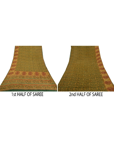 Sanskriti Vintage Green Sarees Pure Georgette Silk Printed Sari 5Yd Craft Fabric, PRG-8043-Green-Printed Floral Design-Pure Georgette Silk-5
