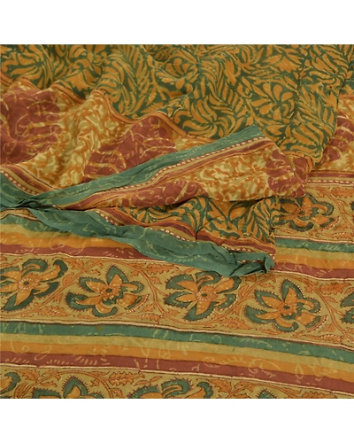 Sanskriti Vintage Green Sarees Pure Georgette Silk Printed Sari 5Yd Craft Fabric, PRG-8043-Green-Printed Floral Design-Pure Georgette Silk-7
