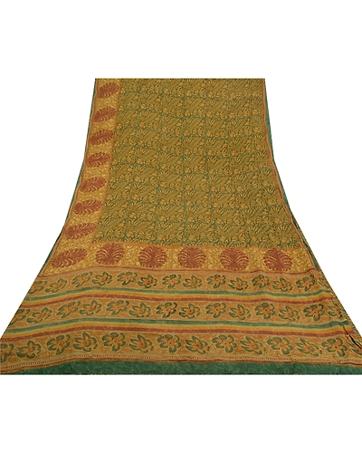 Sanskriti Vintage Green Sarees Pure Georgette Silk Printed Sari 5Yd Craft Fabric, PRG-8043-Green-Printed Floral Design-Pure Georgette Silk-8