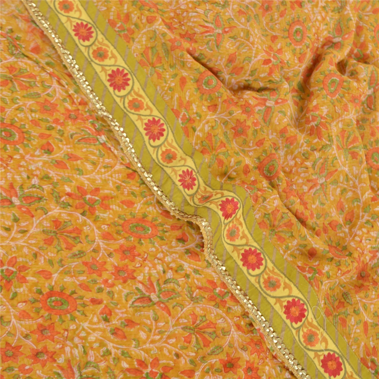 Sanskriti Vintage Mustard Sarees Blend Georgette Printed Sari 5 Yd Craft Fabric, PRG-8059-Mustard-Printed Floral Design-Blend Georgette-1