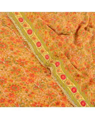 Sanskriti Vintage Mustard Sarees Blend Georgette Printed Sari 5 Yd Craft Fabric, PRG-8059-Mustard-Printed Floral Design-Blend Georgette-1