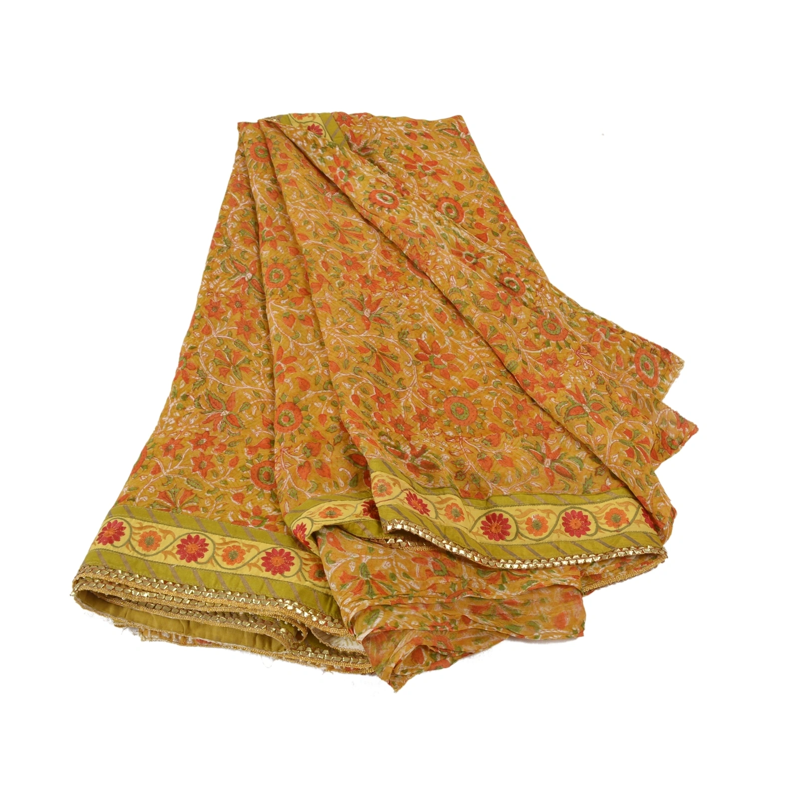 Sanskriti Vintage Mustard Sarees Blend Georgette Printed Sari 5 Yd Craft Fabric, PRG-8059-Mustard-Printed Floral Design-Blend Georgette-2