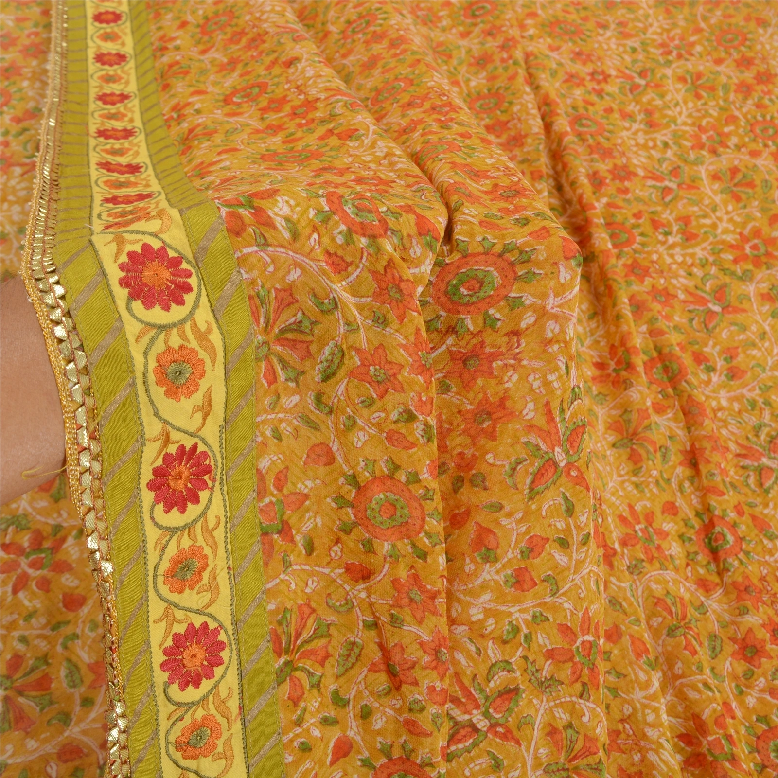 Sanskriti Vintage Mustard Sarees Blend Georgette Printed Sari 5 Yd Craft Fabric, PRG-8059-Mustard-Printed Floral Design-Blend Georgette-4