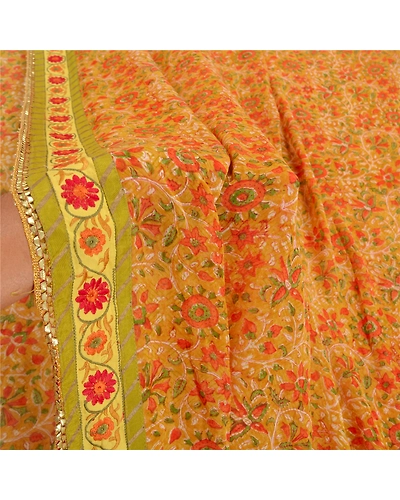Sanskriti Vintage Mustard Sarees Blend Georgette Printed Sari 5 Yd Craft Fabric, PRG-8059-Mustard-Printed Floral Design-Blend Georgette-4