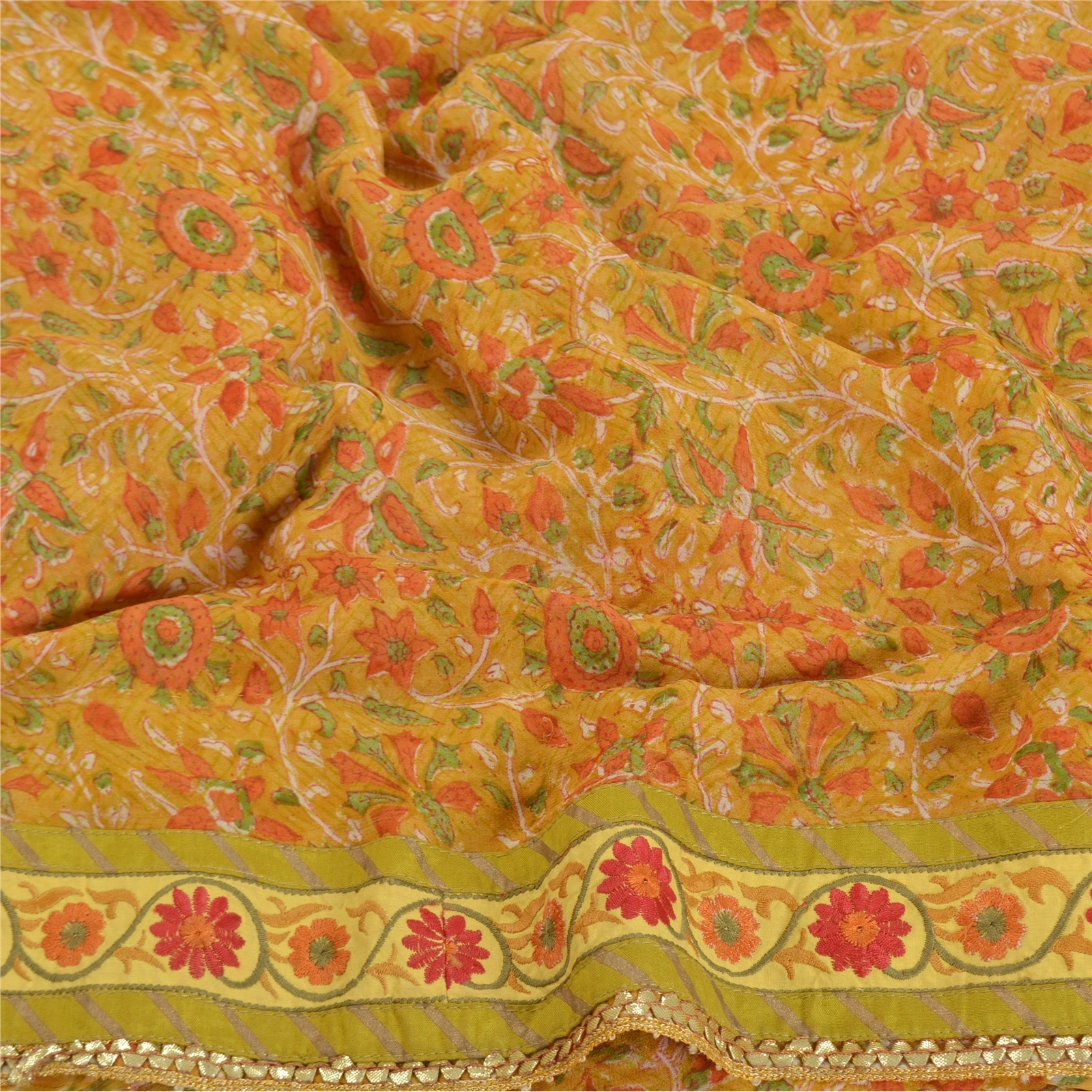 Sanskriti Vintage Mustard Sarees Blend Georgette Printed Sari 5 Yd Craft Fabric, PRG-8059-Mustard-Printed Floral Design-Blend Georgette-6