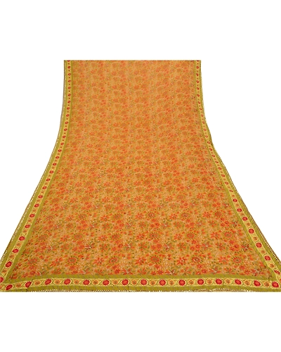 Sanskriti Vintage Mustard Sarees Blend Georgette Printed Sari 5 Yd Craft Fabric, PRG-8059-Mustard-Printed Floral Design-Blend Georgette-8