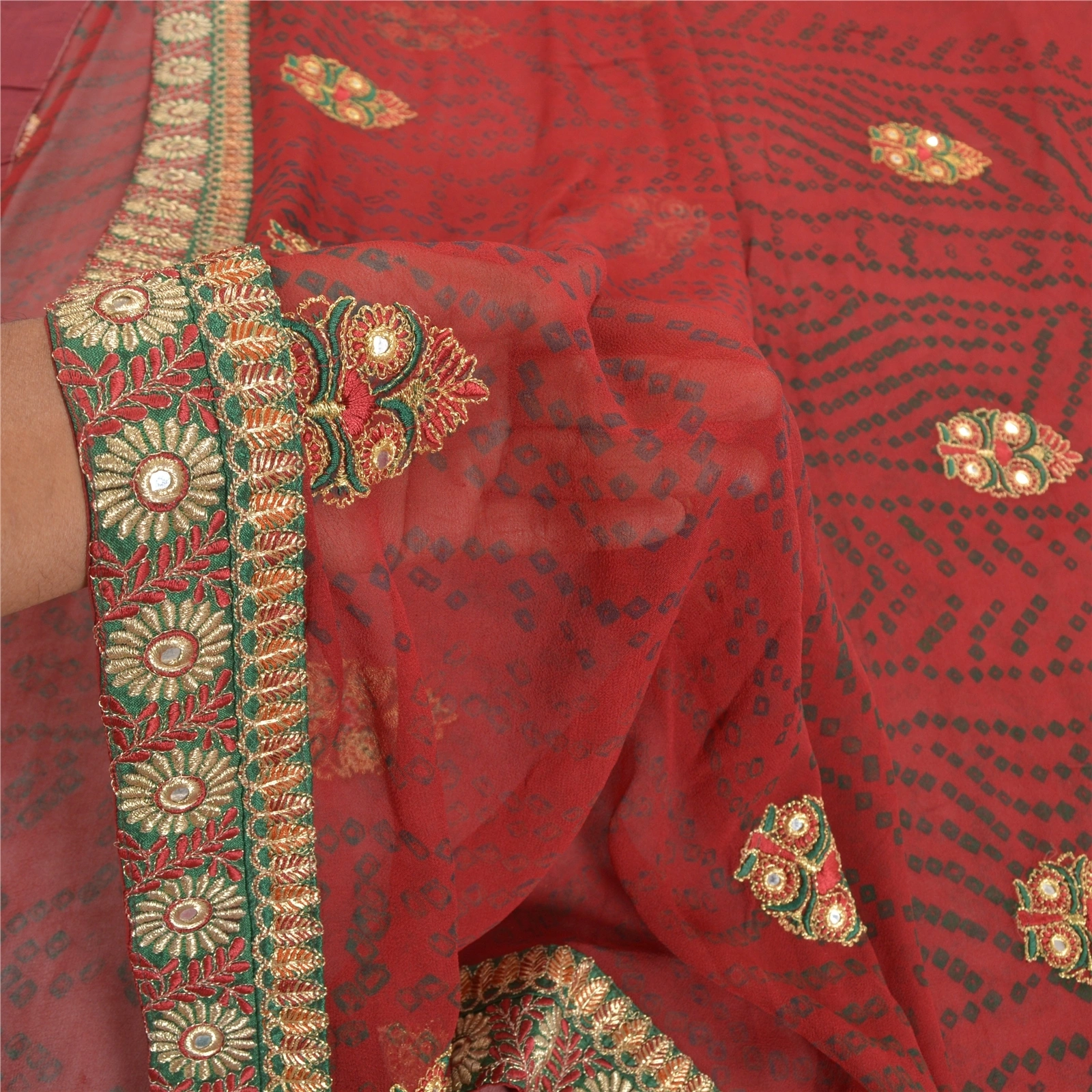 Sanskriti Vintage Red Sarees Pure Georgette Silk Bandhani Printed Sari Fabric, PRG-8085-Red-Printed Floral Design-Pure Georgette Silk-4