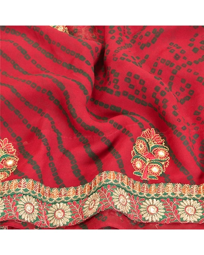 Sanskriti Vintage Red Sarees Pure Georgette Silk Bandhani Printed Sari Fabric, PRG-8085-Red-Printed Floral Design-Pure Georgette Silk-6
