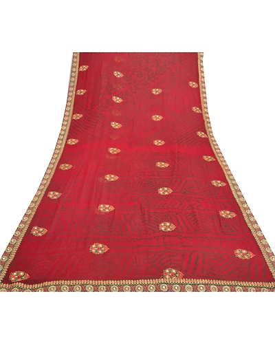 Sanskriti Vintage Red Sarees Pure Georgette Silk Bandhani Printed Sari Fabric, PRG-8085-Red-Printed Floral Design-Pure Georgette Silk-8
