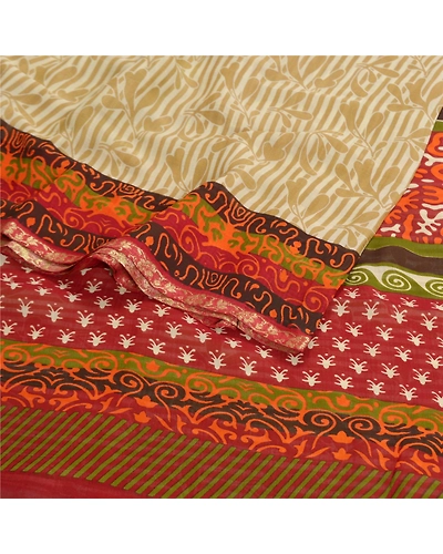 Sanskriti Vintage Green Saree Blend Georgette Printed Sari 5 Yard Craft Fabric, PRG-8101-Green-Printed Floral Design-Blend Georgette-9