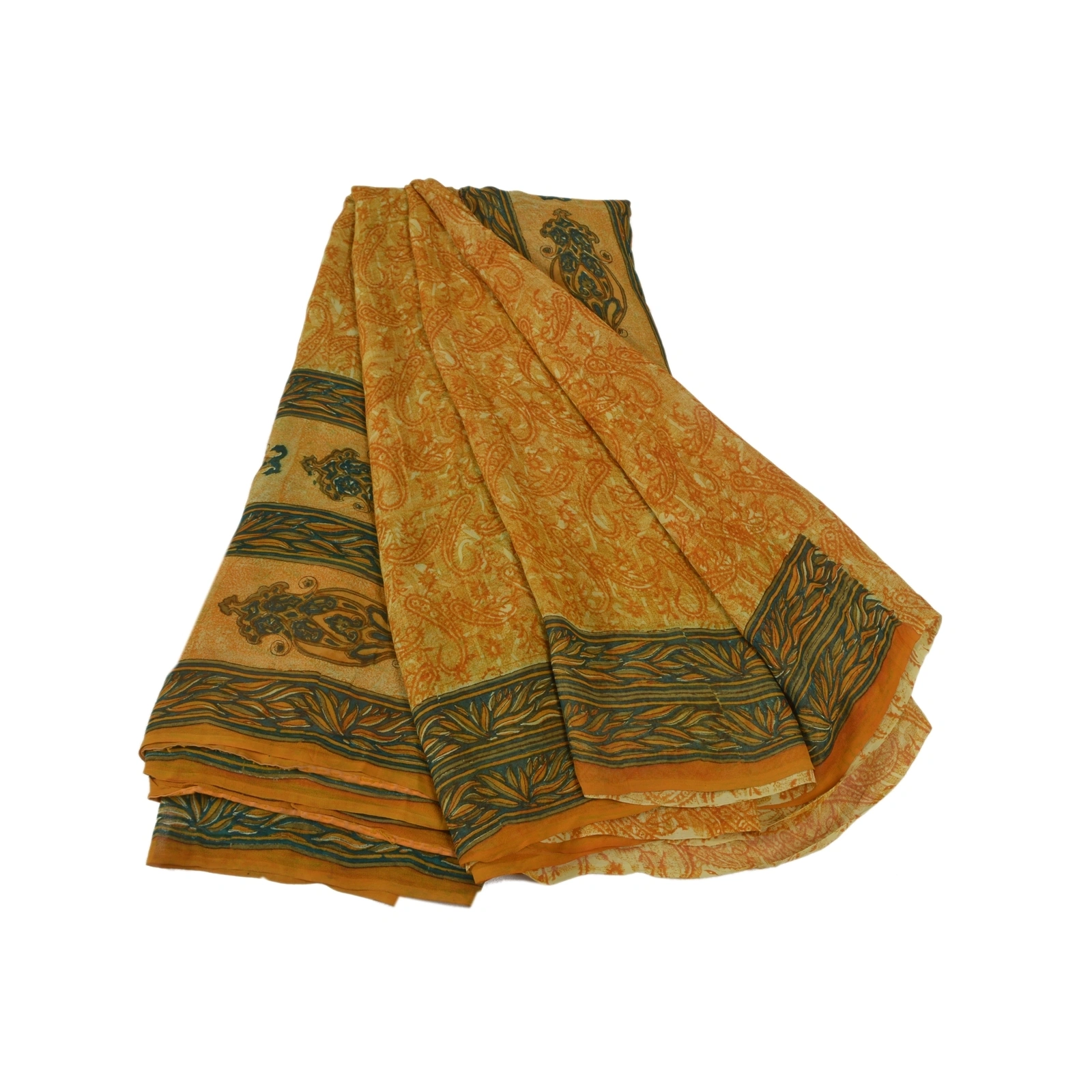 Sanskriti Vintage Saffron Sarees Pure Georgette Silk Printed Sari Craft Fabric, PRG-8102-Saffron-Printed Floral Design-Pure Georgette Silk-2