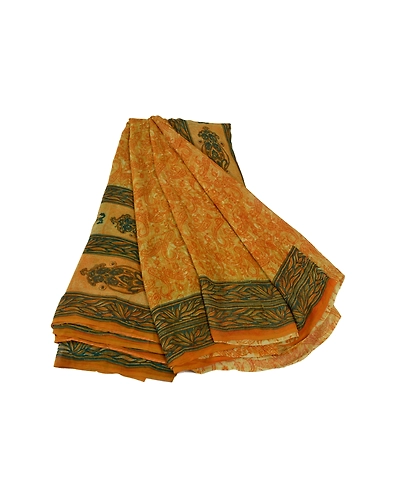 Sanskriti Vintage Saffron Sarees Pure Georgette Silk Printed Sari Craft Fabric, PRG-8102-Saffron-Printed Floral Design-Pure Georgette Silk-2