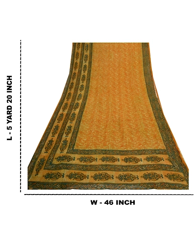 Sanskriti Vintage Saffron Sarees Pure Georgette Silk Printed Sari Craft Fabric, PRG-8102-Saffron-Printed Floral Design-Pure Georgette Silk-3