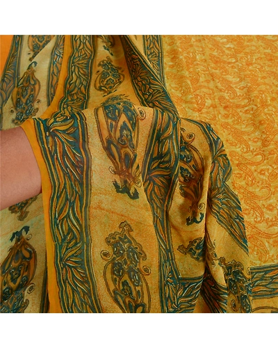 Sanskriti Vintage Saffron Sarees Pure Georgette Silk Printed Sari Craft Fabric, PRG-8102-Saffron-Printed Floral Design-Pure Georgette Silk-4