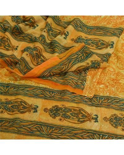 Sanskriti Vintage Saffron Sarees Pure Georgette Silk Printed Sari Craft Fabric, PRG-8102-Saffron-Printed Floral Design-Pure Georgette Silk-7
