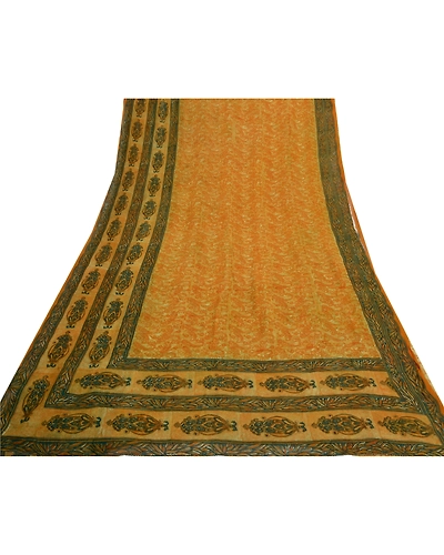 Sanskriti Vintage Saffron Sarees Pure Georgette Silk Printed Sari Craft Fabric, PRG-8102-Saffron-Printed Floral Design-Pure Georgette Silk-8