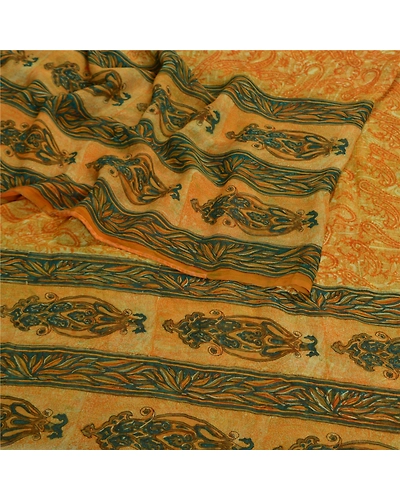 Sanskriti Vintage Saffron Sarees Pure Georgette Silk Printed Sari Craft Fabric, PRG-8102-Saffron-Printed Floral Design-Pure Georgette Silk-9